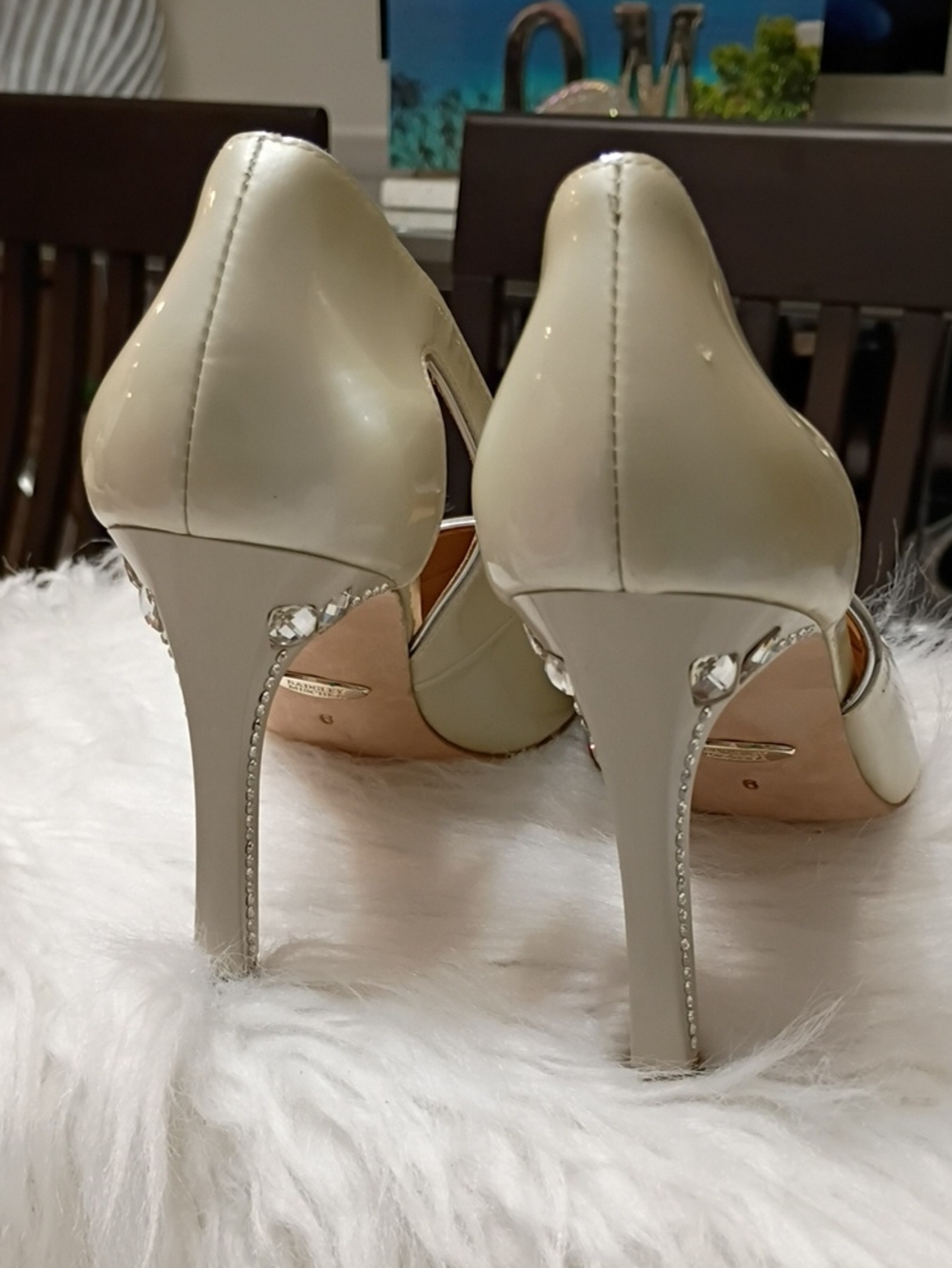Badgley Mischka Champagne Pearlized Patent Leather Pointed-Toe Cutout Pumps - Picture 11 of 16